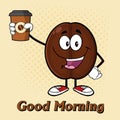 Cute Coffee Bean Cartoon Mascot Character Holding Up A Coffee Cup Royalty Free Stock Photo