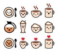 Cute coffee, cappuccino and espresso kawaii icon set -