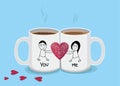 Cute coffee couple cup with heart elements  flat design on blue background for Valentine`s Day Royalty Free Stock Photo