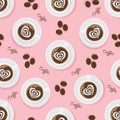 Cute coffee cup with heart shaped foam on top and coffee bean elements flat design Royalty Free Stock Photo