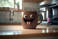 Cute coffee cup sweet smile at kitchen, 3D render style. AI Generated Royalty Free Stock Photo