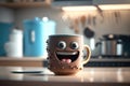 Cute coffee cup sweet smile at kitchen, 3D render style. AI Generated Royalty Free Stock Photo