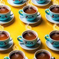 Cute coffee cups with smiley faces, steaming hot, arranged in a grid pattern on a bright yellow background Royalty Free Stock Photo
