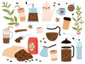 Cute coffee elements. Espresso, cappuccino stickers. Morning hot drinks, mugs and coffee maker. Black beans in bag, cafe