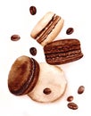 Cute coffee macaroons and beans. Top view.