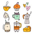 Cute coffee and tea cartoon characters, vector set