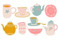 Cute Coffee Or Tea Set, Design Elements With Teapot, Teacup, Saucer, Jug Milk And Napkin Vector Illustration