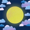 Cute collage like illustration of the full moon shining on the blue night sky. Ideal for greeting cards, nursery wall art, kids Royalty Free Stock Photo