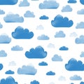 Cute minimal cartoon style seamless pattern with blue clouds with watercolor texture. Isolated on white background