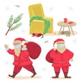 Cute collection of Christmas elements. New Year`s characters dadicated to winter holidays. Santa Claus, christmas tree, presents Royalty Free Stock Photo