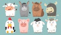 Cute collection of farm animals. Vector characters in flat cartoon style. Cheerful cow, donkey, horse, bull, rooster, pig, ram, go Royalty Free Stock Photo