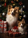 Cute Collie Dog Posing with Christmas Gifts