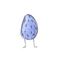 Cute colored blue watercolor Easter egg with little legs separeted on the white background