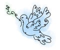 Cute colored green and blue illustration of flying pigeon with a branch in the beak separeted on the white background