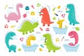 Cute colored hand drawn baby dinosaur characters washing, taking bath and brushing teeth set Royalty Free Stock Photo