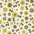 Cute colorful abstract pattern. Seamless vector with different yellow, green and brown elements on a white background