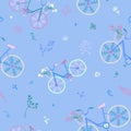 Cute colorful beautiful bicycles seamless pattern with decorative wheels and flowers. Royalty Free Stock Photo