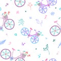 Cute colorful beautiful bicycles seamless pattern with decorative wheels and flowers. Royalty Free Stock Photo