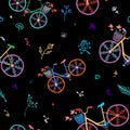 Cute colorful beautiful bicycles seamless pattern with decorative wheels and flowers. Royalty Free Stock Photo