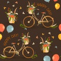 Cute colored bicycles and flowers seamless pattern