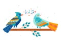 Cute colorful bird is singing a love song to another bird on the branch Royalty Free Stock Photo