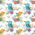 Cute colorful bird with tropical leaf seamless pattern. Royalty Free Stock Photo