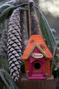 Cute Colorful Birdhouse In Winter Royalty Free Stock Photo