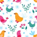 Cute colorful birds and floral elements seamless pattern, funny illustration on white background. Vector Royalty Free Stock Photo