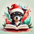 a cute black dog wearing Christmas hat and holding a book. generative AI Royalty Free Stock Photo