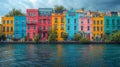 A cute colorful buildings stands along the edge of the water, creating a vibrant scene. Tourist view