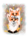 Cute colorful card in retro style. Beautiful fluffy foxes.