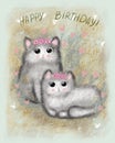 Cute colorful card in retro style. Beautiful fluffy kitties with pink flowers around their head with the inscription