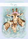 Cute colorful card in retro style. Beautiful spotted giraffes.