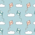 Cute colorful cartoon kites in the blue sky seamless pattern background illustration Royalty Free Stock Photo