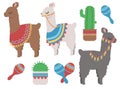 Cute colorful cartoon llama with cactus and mexican rumba shaker graphic design illustration set Royalty Free Stock Photo
