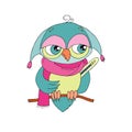 Cute colorful cartoon owl is sick