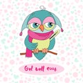 Cute colorful cartoon owl is sick