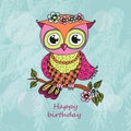Cute colorful cartoon owl sitting on tree branch Royalty Free Stock Photo
