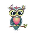 Cute colorful cartoon owl sitting on tree branch