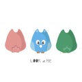 Cute colorful cartoon owls with front and back view. Handwritten phase LOOK AT ME.