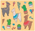 Cute colorful cartoon style Llamas or Alpacas with poncho with cactus and mexican rumba shakes Royalty Free Stock Photo