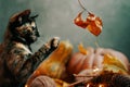 Cute colorful cat playing with a dry autumn leaf. Royalty Free Stock Photo