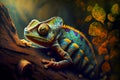 Cute colorful chameleon resting on a tree. Reptile looking straight at the camera. Nature illustration.