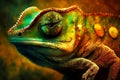 Cute colorful chameleon resting on a tree. Reptile looking straight at the camera. Nature illustration.