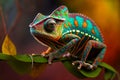 Cute colorful chameleon resting on a tree. Reptile looking straight at the camera. Nature illustration.