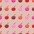 Cute colorful cherry fruit seamless vector pattern on polka dots background Royalty Free Stock Photo