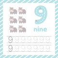 Cute colorful children flashcard with tracing number 9 and hippo. Learn how to write number nine for kids education Royalty Free Stock Photo