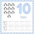 Cute colorful children flashcard with tracing numbers and penguin