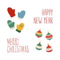 Cute colorful Christmass set of tree decorations and mitten