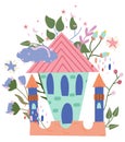 Cute colorful composition with cartoon princess castle, cloud, star, flowers and leaves. Fantastic cute castle. Fairy